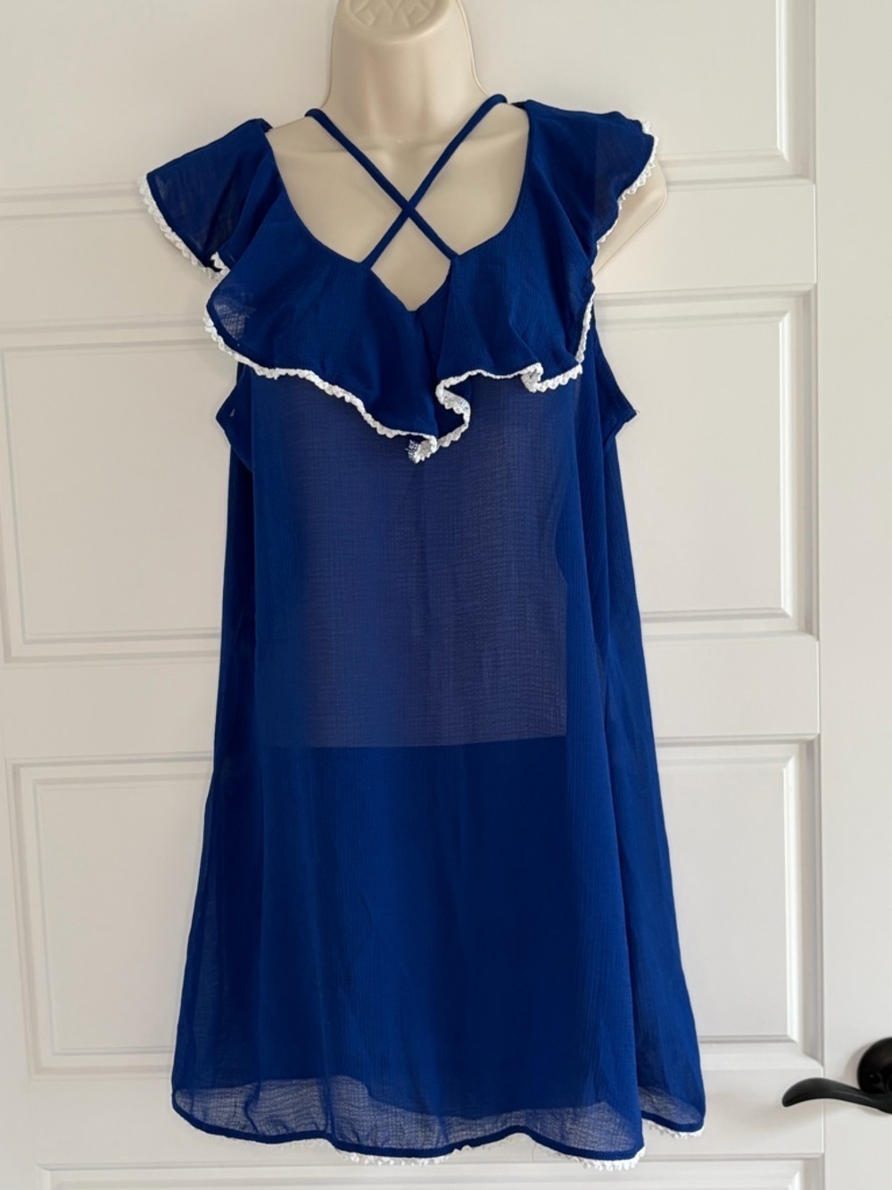 Crown & Ivy Electric Blue Lightweight Crochet Trim Beach Cover Up Dress S